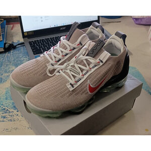 Nike Air Vapormax 2021 Flyknit Light Bone Grey Red Black DH4085-003 sz 7.5 Men